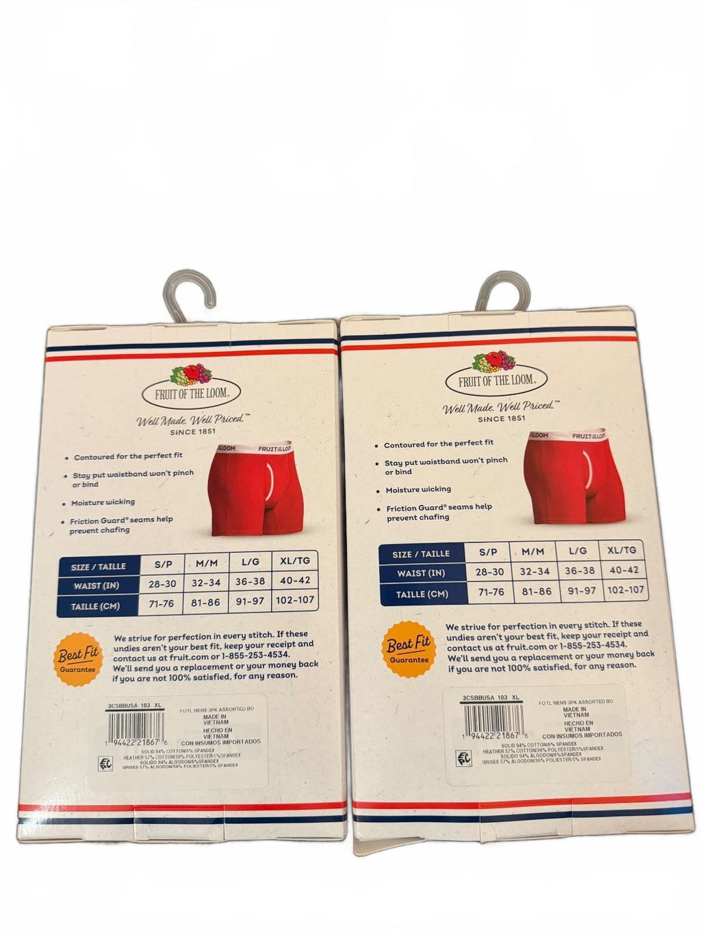 Fruit of the Loom Men's 3 Boxer Briefs Cotton Stretch Underwear XL 40-42 2Packag