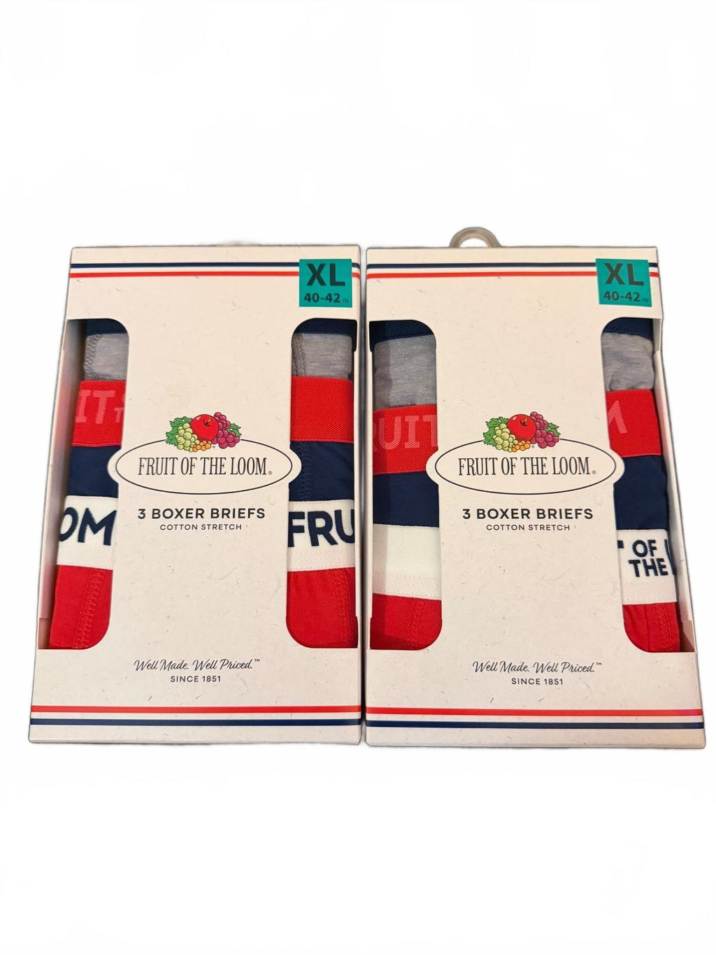 Fruit of the Loom Men's 3 Boxer Briefs Cotton Stretch Underwear XL 40-42 2Packag